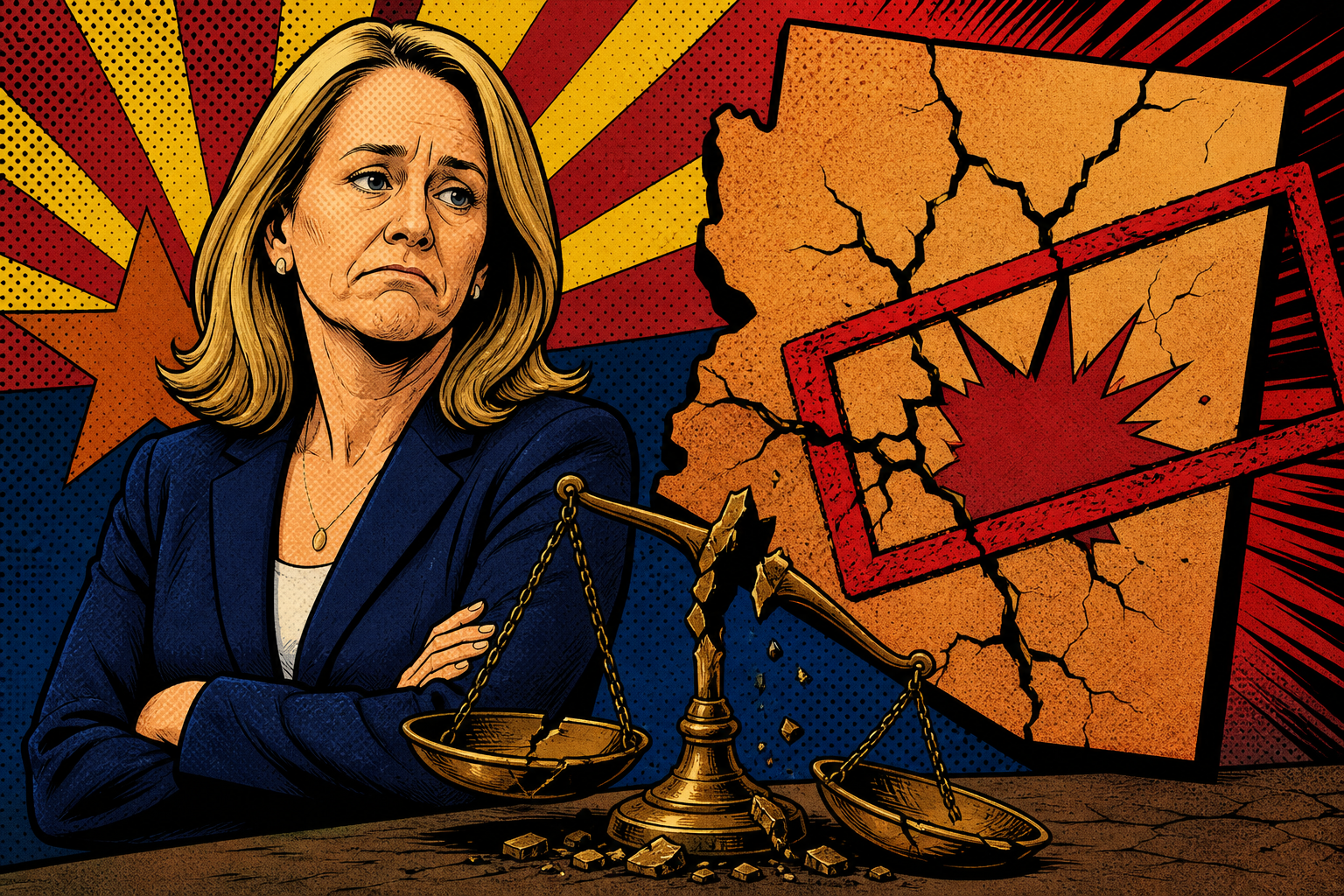 Comic-style Mayes with broken scales of justice